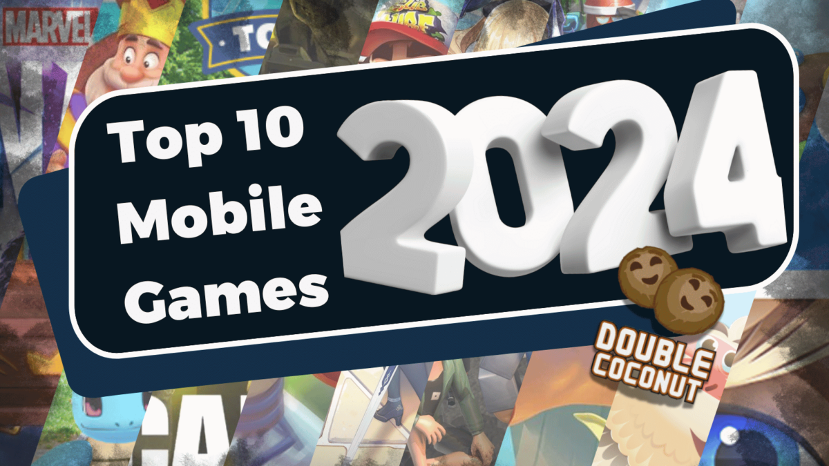 Banner for "Top 10 Mobile Games 2024" with the Double Coconut logo and blurred game characters, including Heads up, in the background