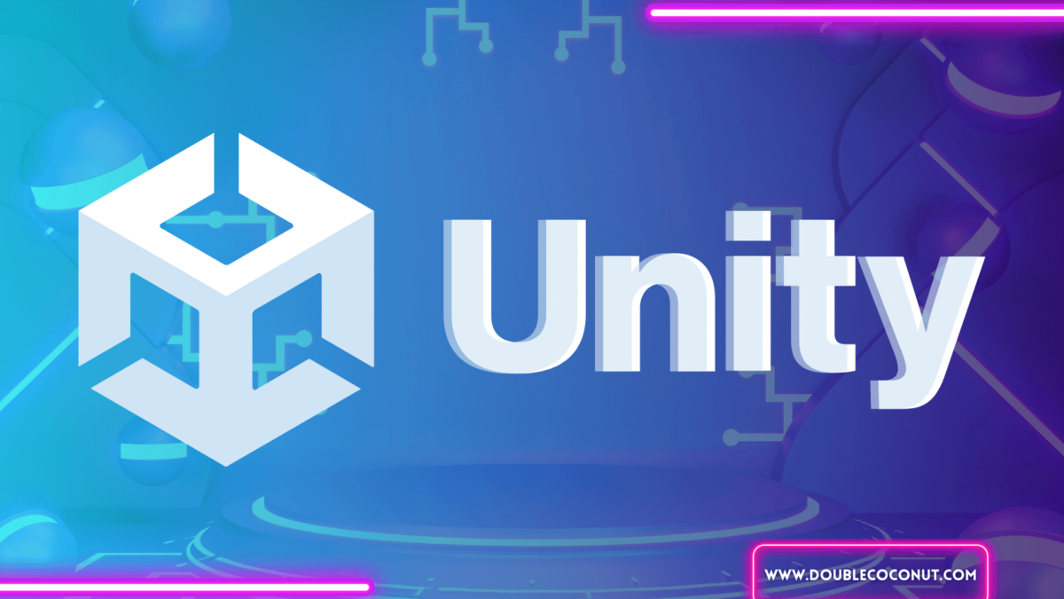 unity game engine logo with futuristic bachground and neon lights, double coconut website url
